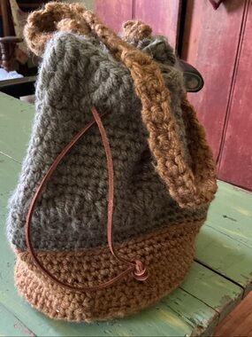 Handmade Olive Green and Brown Crochet Drawstring Bucket Bag
